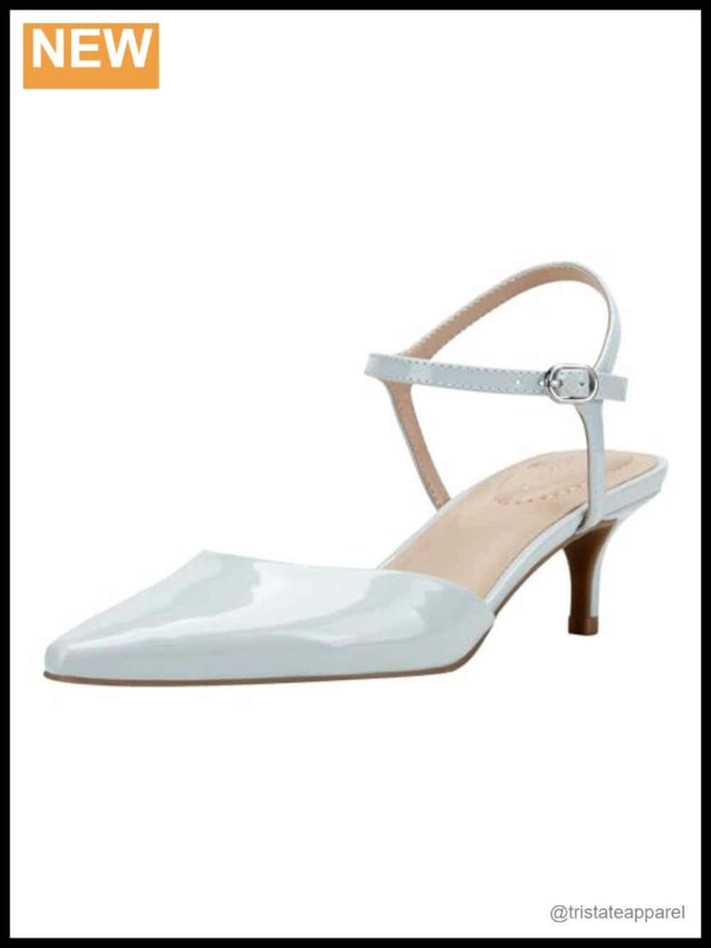 Faux Patent Leather Pointed Toe Kitten Heel Dress Pumps with Ankle Strap